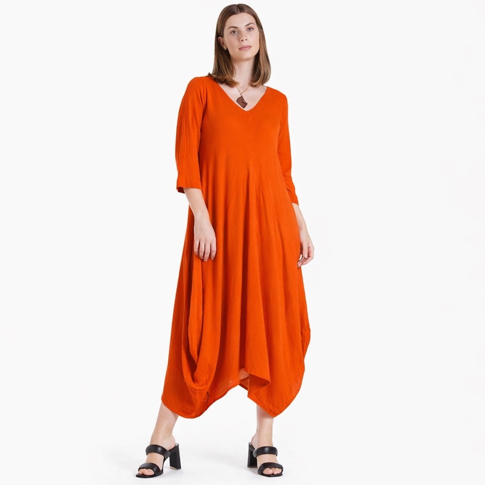 Oh My Gauze 2 L/XL Bella Maxi Sundress 0427 orange cotton Lagenlook 3/4 sleeve